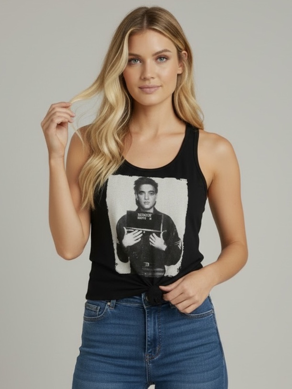 Elvis Presley Mugshot Graphic Tank Top Black Racerback Scoop Neck Medium